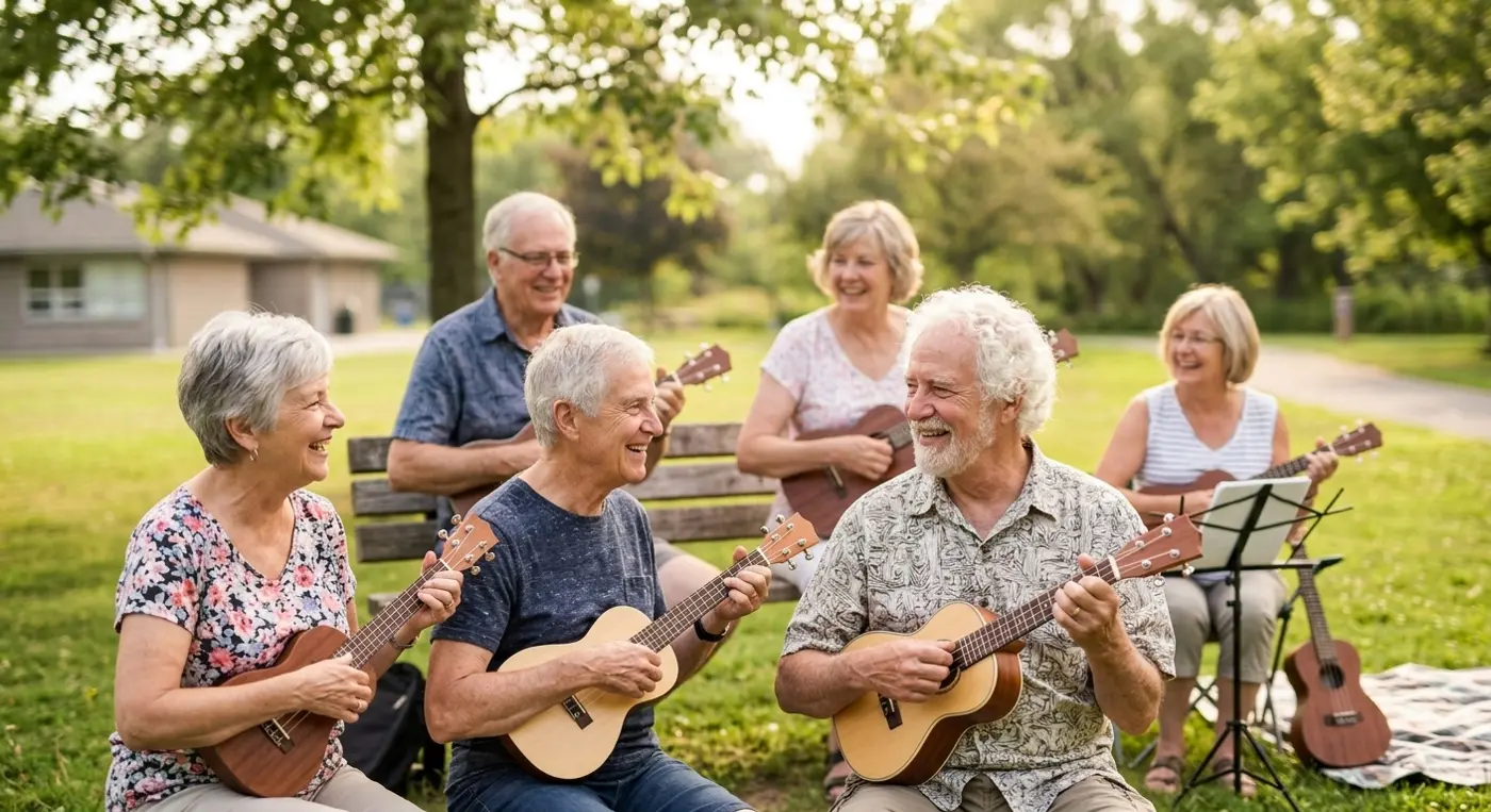 A group of smiling older adults playing ukuleles together outdoors in a sunny park.