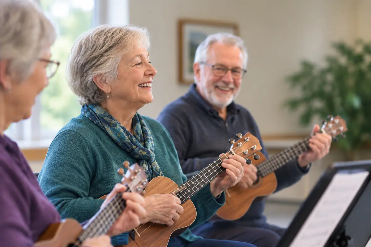 Smiling older adults sitting in a row, playing ukuleles together in a bright community room.