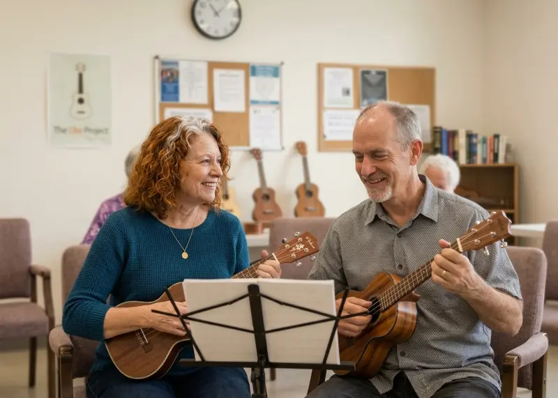 Two older adults smiling at each other as they play ukuleles at a shared music stand.